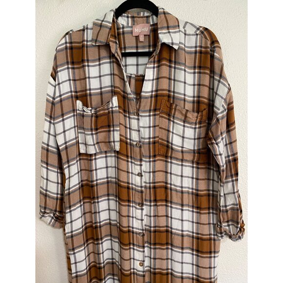 Show Me Your Mumu Leo Button Down Long Tunic Dress Size Small Tan/Blue Plaid - Picture 7 of 13